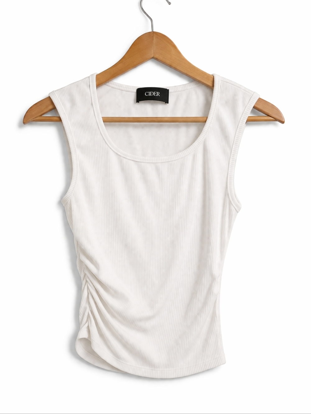 Cider White Ribbed Ruched Tank Top Size S Fitted Stretch Minimalist Basic